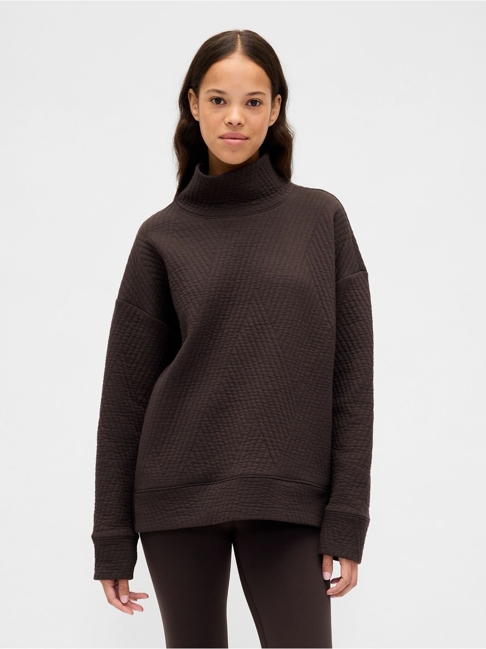 Gap Espresso Jacquard Knit Funnel-Neck Pullover Textured Athleisure Sweatshirt